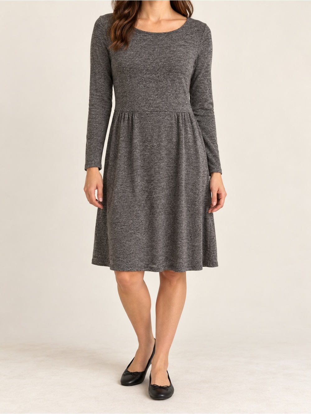 J.Jill Wearever Gray Marled Knit Long Sleeve Fit and Flare Dress M Petite